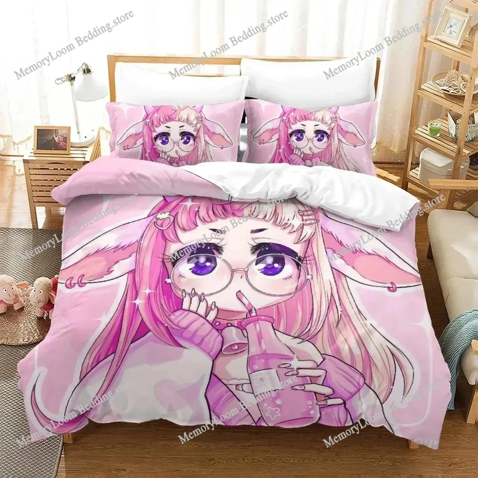 Anime Aesthetic Girl Art Strawberry Bedding Set Pillowcase Comforter King Queen Size Boys Adult Duvet Cover Bed Set