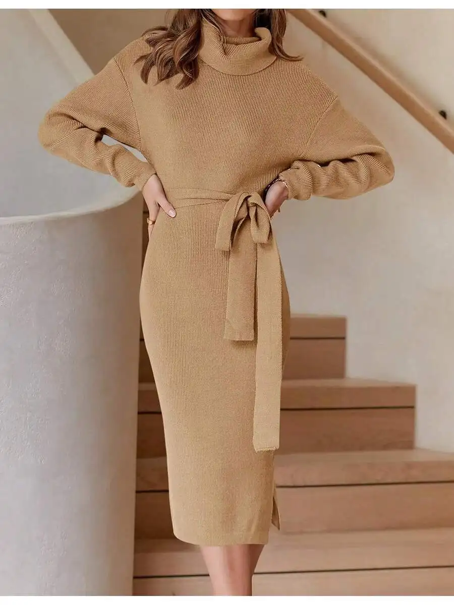 

Womens Turtleneck Ribbed Knit Midi Dress With Belt Long Sleeve Bodycon Slit