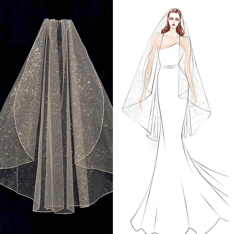 B62 Short Bridal Veil With Comb Luxury Pencil Edge Wedding Veil 2022 Turkish Veil Glitter Veil White Champagne Bride Veil-image