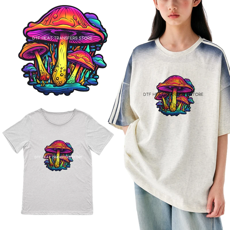 1960s vintage watercolor neon mushrooms dtf transfers ready to press iron on heat transfer patches for Children's clothing