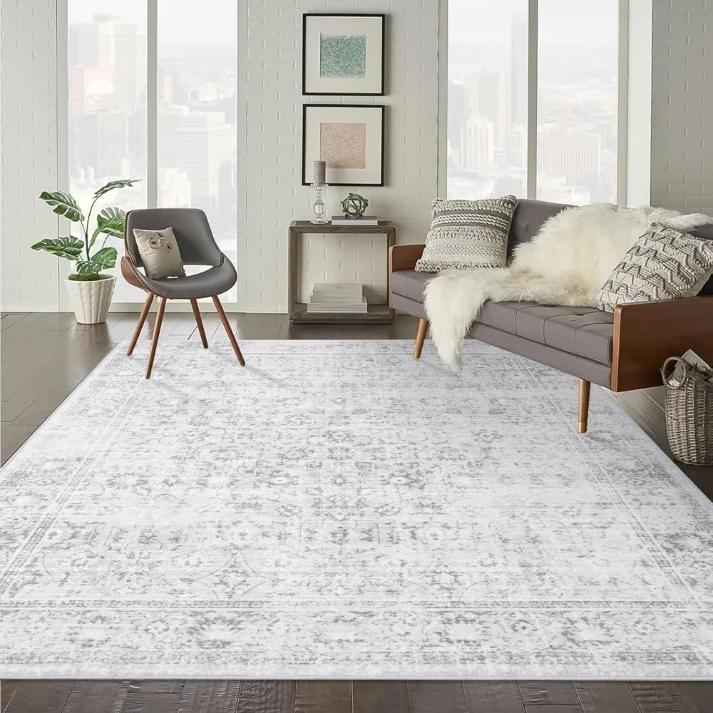 LIVEBOX Traditional Rug 9x12 - Large Gray Vintage Rug for Living Room, Washable Soft Floral Carpet Anti-Skid Thin Neutral Rug