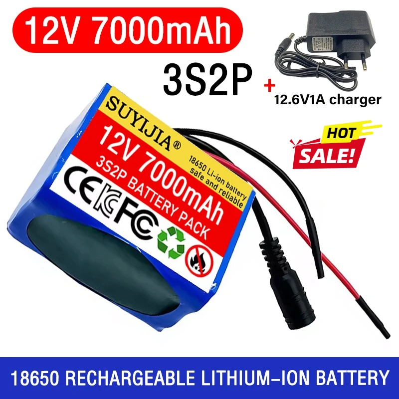 

High-capacity 3S2P 12V 7000mAh Rechargeable 18650 Lithium-ion Battery Pack Equipped with BMS Protection Board+12V Charger