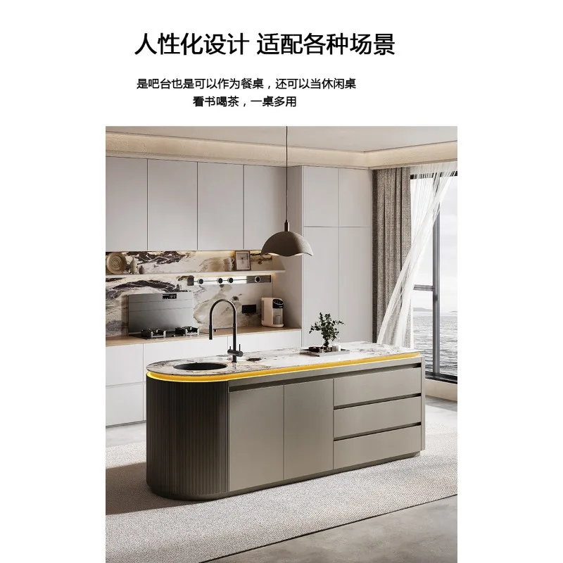 Italian Solid Wood Arc Kitchen Island Dining Table with Rock Slab Top Integrated Cabinet Sink Bar Counter Partition for Small