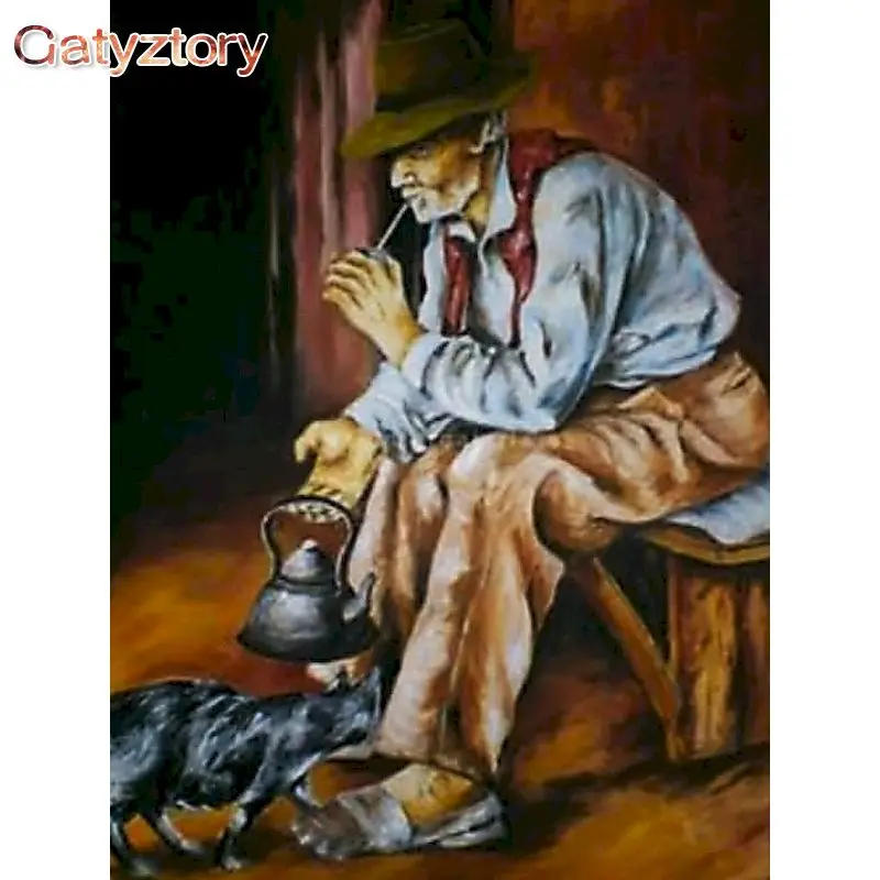 

GATYZTORY Picture By Number Smoking Old Man Frame Handpainted Canvas Modern Coloring By Numbers Portrait For Home Decor