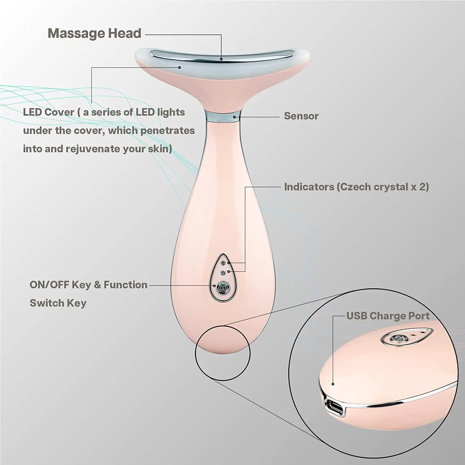 VRAIKO-릴리 넥 페이스 마사지기, 3 가지 색상, LED 광자 테라피, 주름 방지, 이중턱 피부 타이트닝 감소, 미용 기기