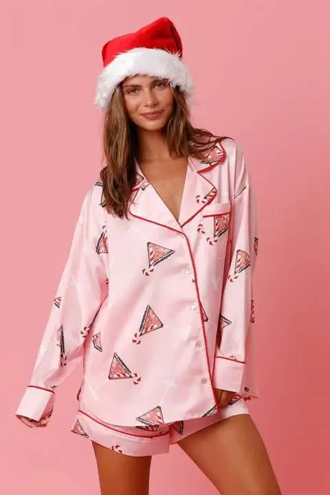 

2025 Christmas Satin Print Two-Piece Set: Stylish Casual Home Wear Pajamas Clothes for Women