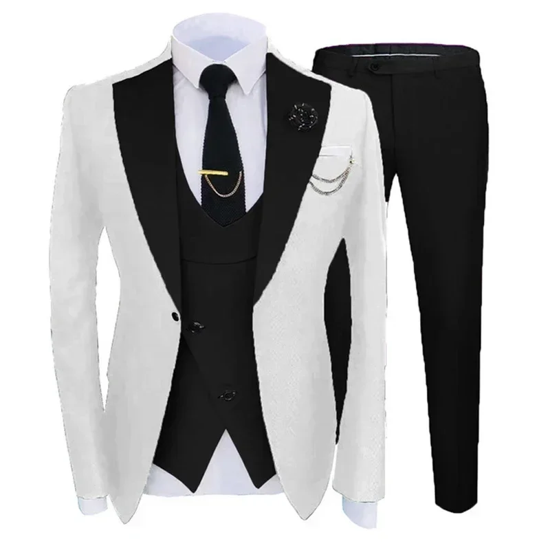 Slim Fit Formal Men Suits For Wedding Solid Color Wide Notched Lapel Groom Tuxedo 3 Pcs Male Fashion Jacket With Vest Pants 2024