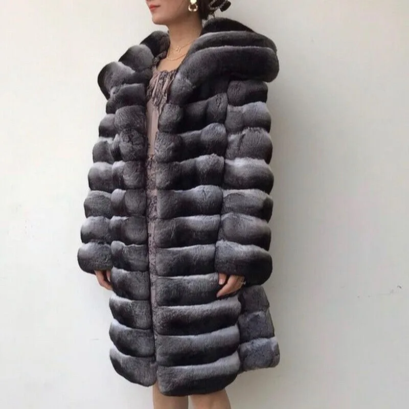 Frauen Echtes Rex Kaninchen Pelzmantel Luxus Chinchilla Dicken Mid-Länge Mantel Winter Mode Großen Revers Echtpelz Warme outwear ﻿