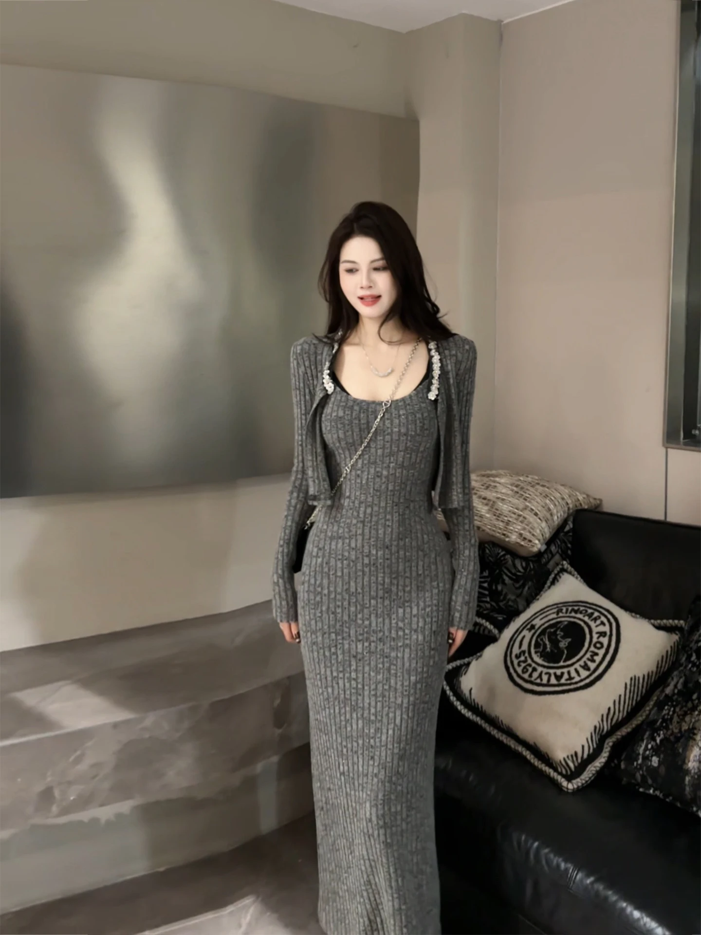 

Модный осенний комплект Ele Heavy-Du Long-Sve Diamond Dr Set: повседневный костюм из хлопка и полиэстера для похудения DT555