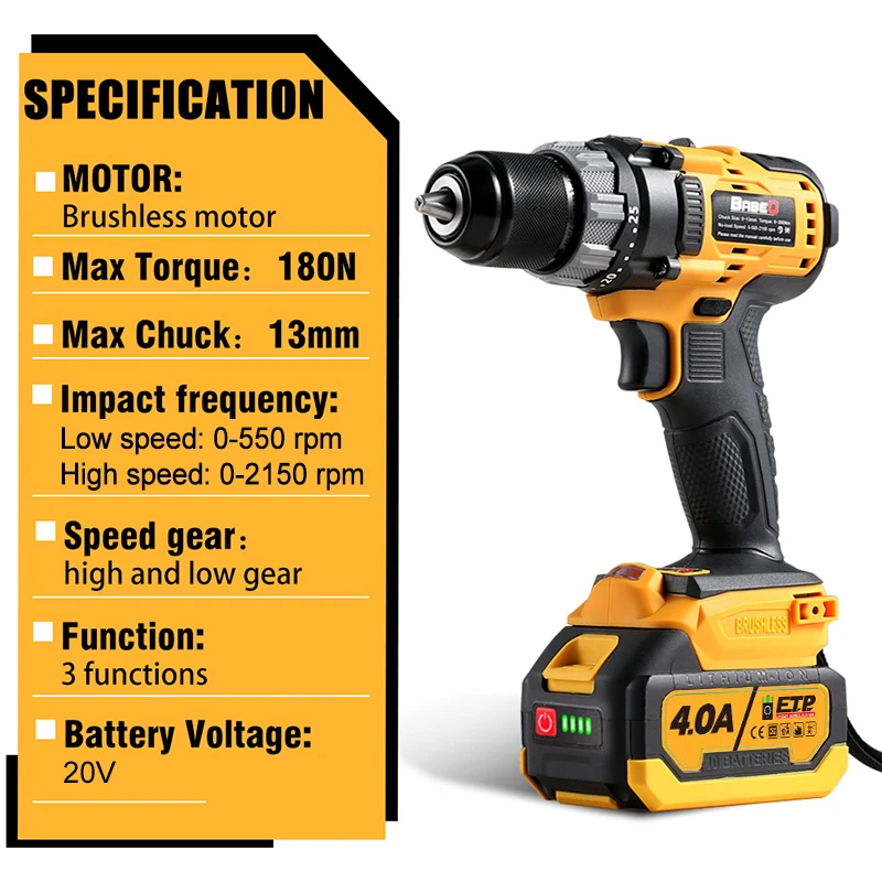 21V Cordless Impact Drill Upgrades 4.0A Battery Fast Charge Built-in LED Light Brushless Electric Drill Use for Wall/Wood/ Metal