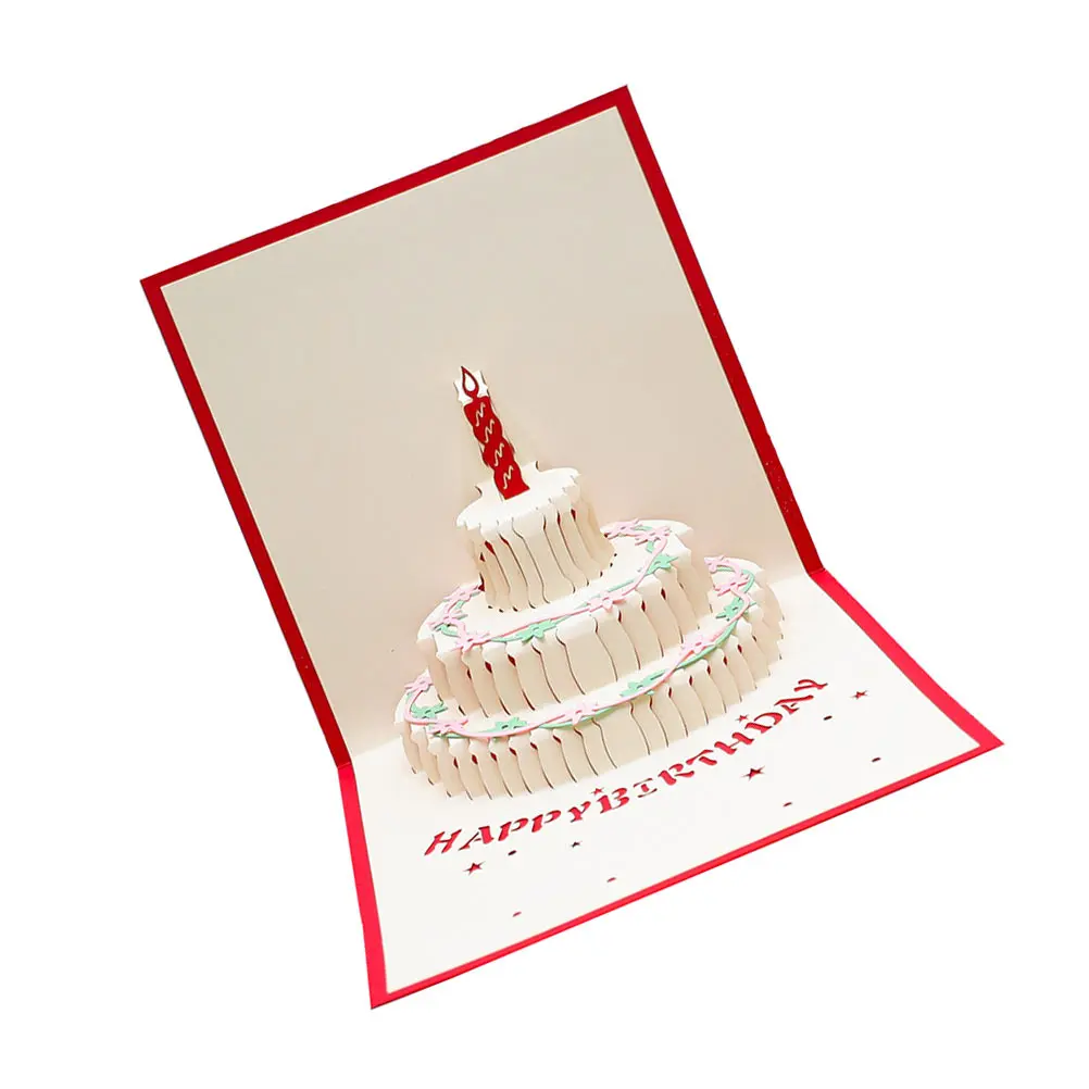 

2PCS Birthday Cake Greeting Cards 3D Blessing Red Paper Child Holiday Decorative Gifts Kids Parents Friends Special Occasions