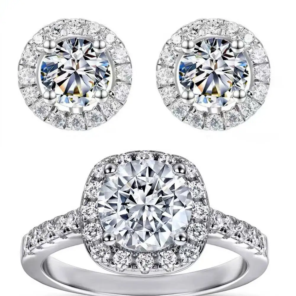 

Total 3.0ct Classical Women's 925 Sterling Silver Ring Earring Sets With Grade Color Moissanite Stone Pass Diamond Test Jewelry