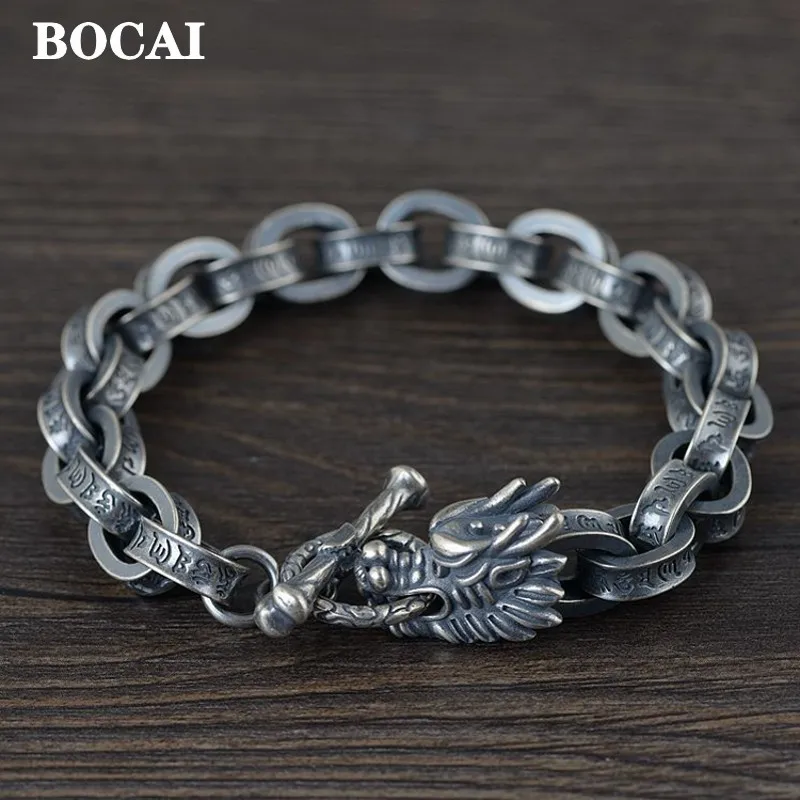 BOCAI New 100% Ture Solid S925 Silver Antique Buddhism Six-Word Mantra Leading Men's Bracelet