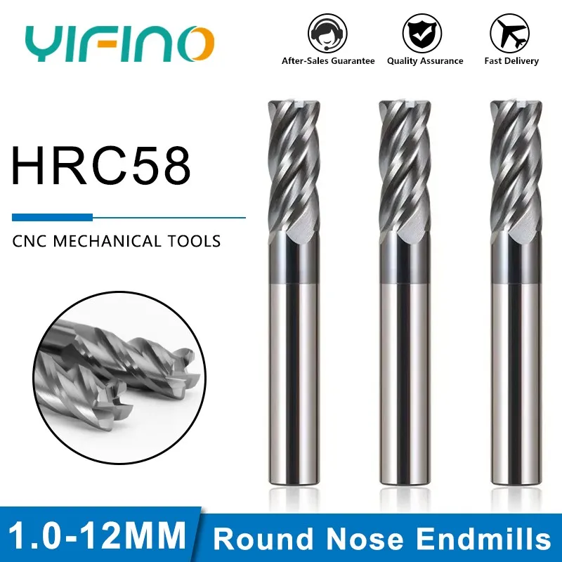 

YIFINO 4-Flute Tungsten Steel Carbide Black Nano Coating HRC58 Round Nose Milling Cutter CNC Mechanical Center Endmill Tools