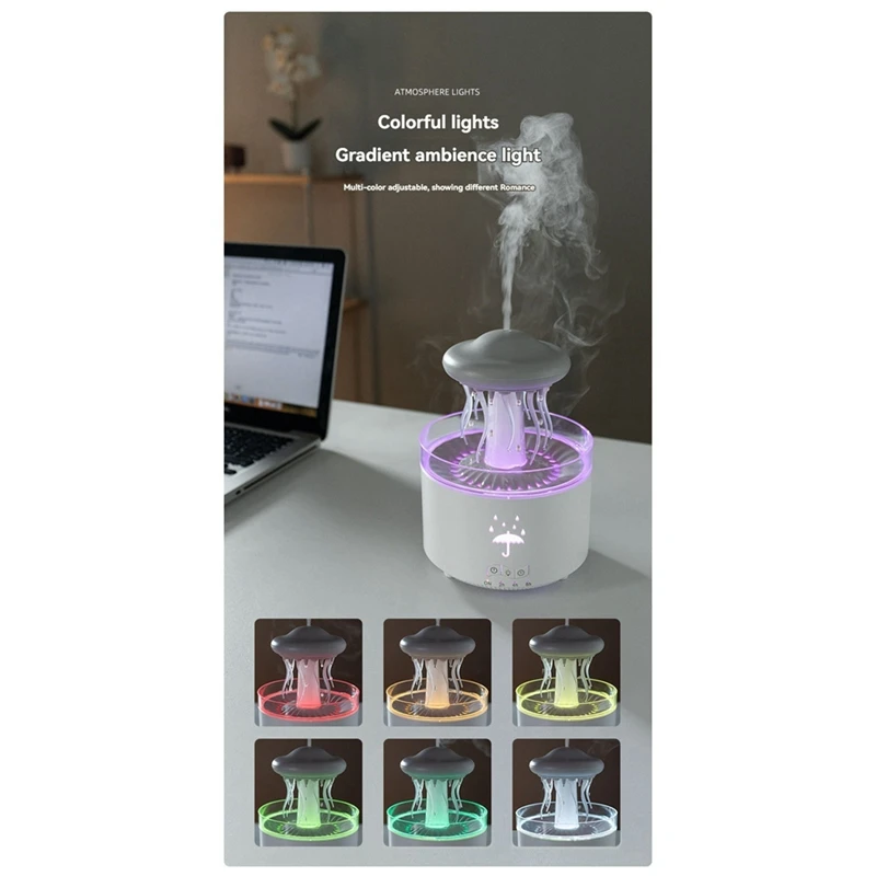 Raindrop Humidifier For Bedroom Office Essential Oil Diffuser With 7-Color LED Lights 300ML Dynamic Jellyfish Humidifier