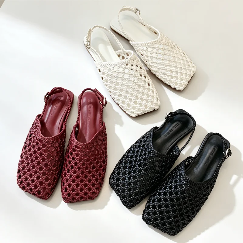 High Quality Hollow Woven Flat Sandals Women Square Toe Back Strap Detail Lolita Style Shoes Summer Comfortable Women's Shoes