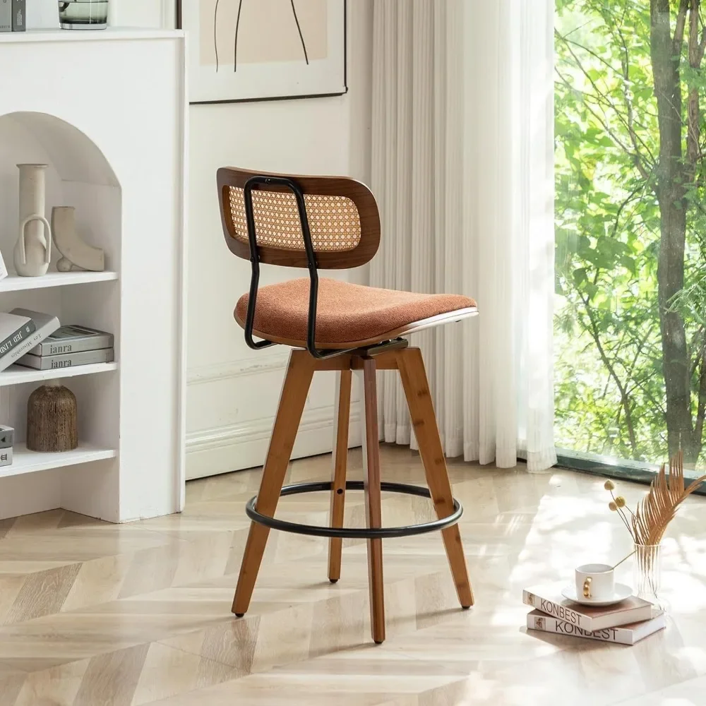 26" Rattan Bar Stools Set of 2 Linen Fabric Counter Height Swivel Barstools with Rattan Backrest and Wooden Legs,Armless Mid