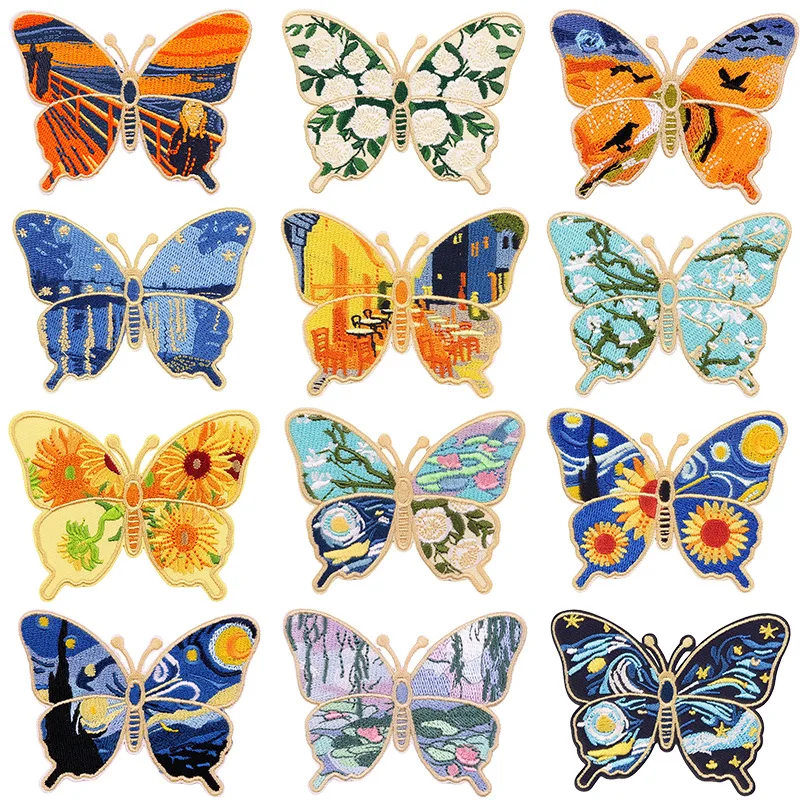 Oil Painting Butterfly Cartoon Animal Iron-on Sew Embroidery Badge Patch DIY T-shirt Hat Backpack Clothing Applique Sticker