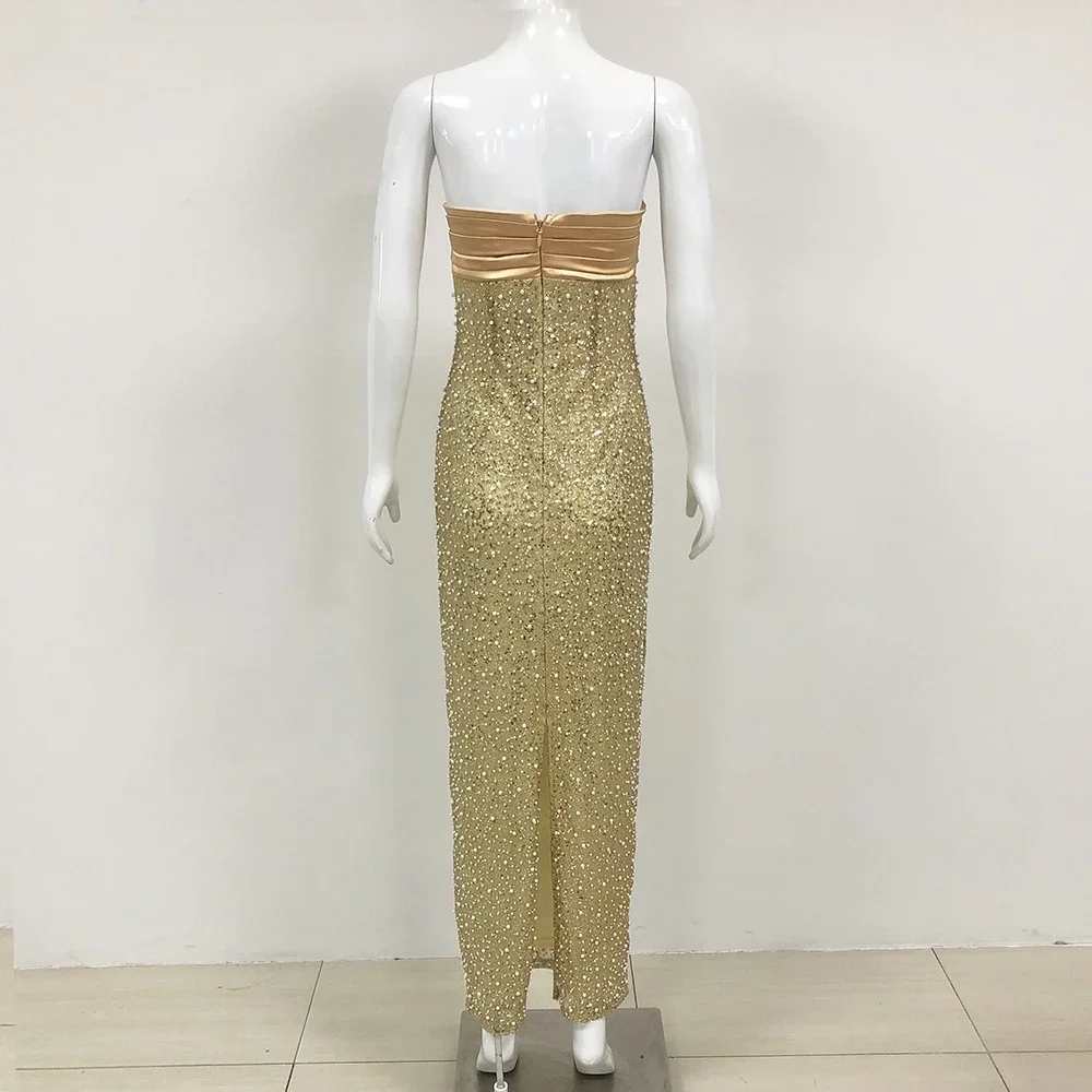 2024 New High-Quality Summer Women\'s Gold Strapless Sequin Pearl Bead Tight Long Dress Elegant Party Evening Dress