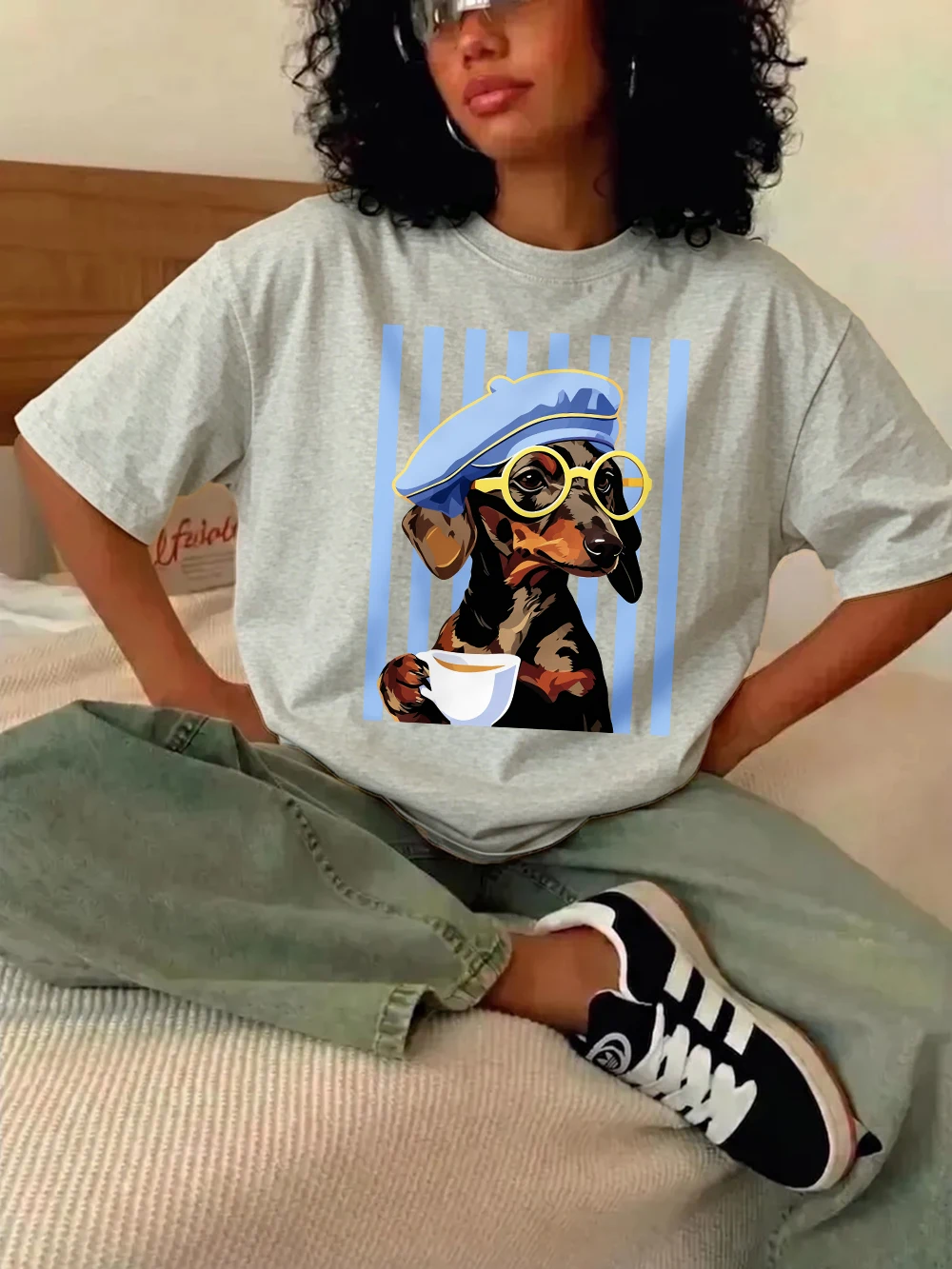 Dackel-Illustrationsdrucke T-Shirts Baumwolle Damen Sommer Oversize-Tops Weiches O-Ausschnitt Kurzarm-T-Shirt Basic Damenbekleidung – Detail 14
