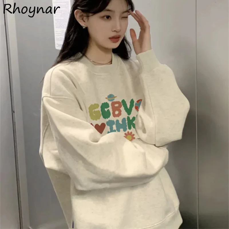 Sweatshirts Women O-neck Printing Chic Korean Style Teenagers Loose Fit All-match Streetwear Unique Fashion Sweet Girls Kawaii