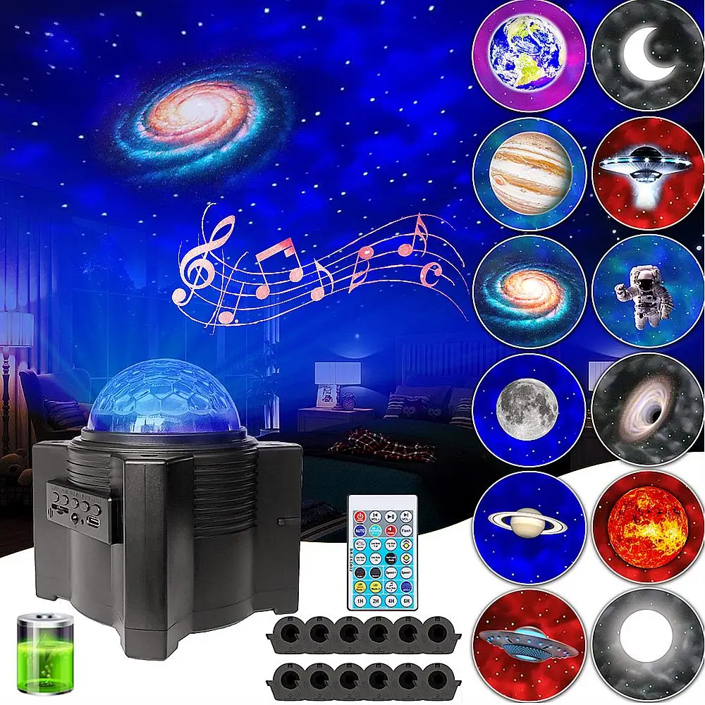 Proyector de cielo estrellado con universo de estrellas recargable, luz nocturna, decoración de dormitorio, Bluetooth, música, galaxia, lámpara de noche de Luna