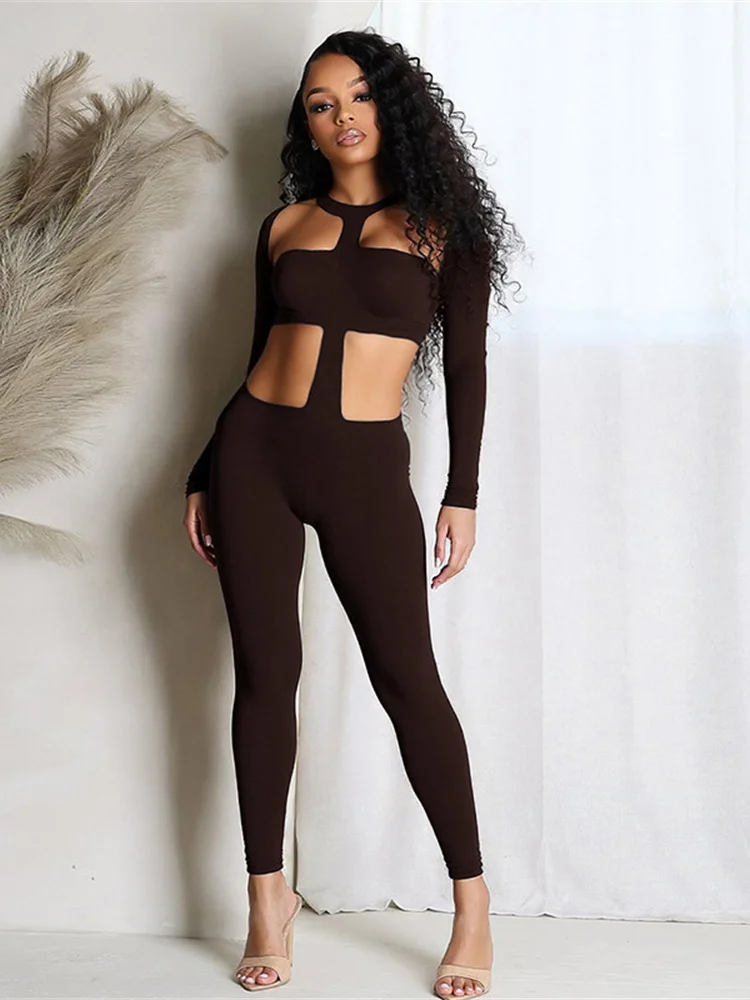 Leosoxs 섹시한 홀터 백 레스 점프 슈트 여성 Y2K 긴 소매 할로우 미드 나이트 스트리트 운동 활동 스트레치 피트니스 오버올