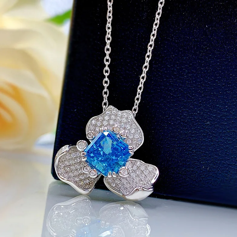 

2024 New S925 Pure Silver Sea Blue Treasure 7 * 7 Radian Luxury Full Diamond Luxury Set Necklace Hot selling for Women