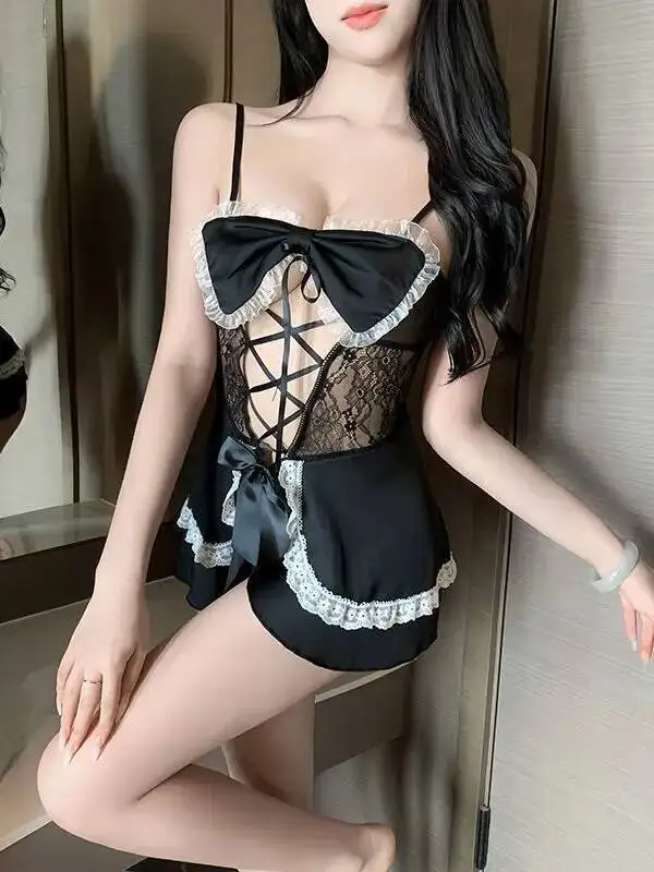 Elegant Women's Sexy Dress Lace Trimmed Strap Hot Flirting Bow Pure Desire Flower Print Dress Hollow Out Deep V Sleeveless OEVR