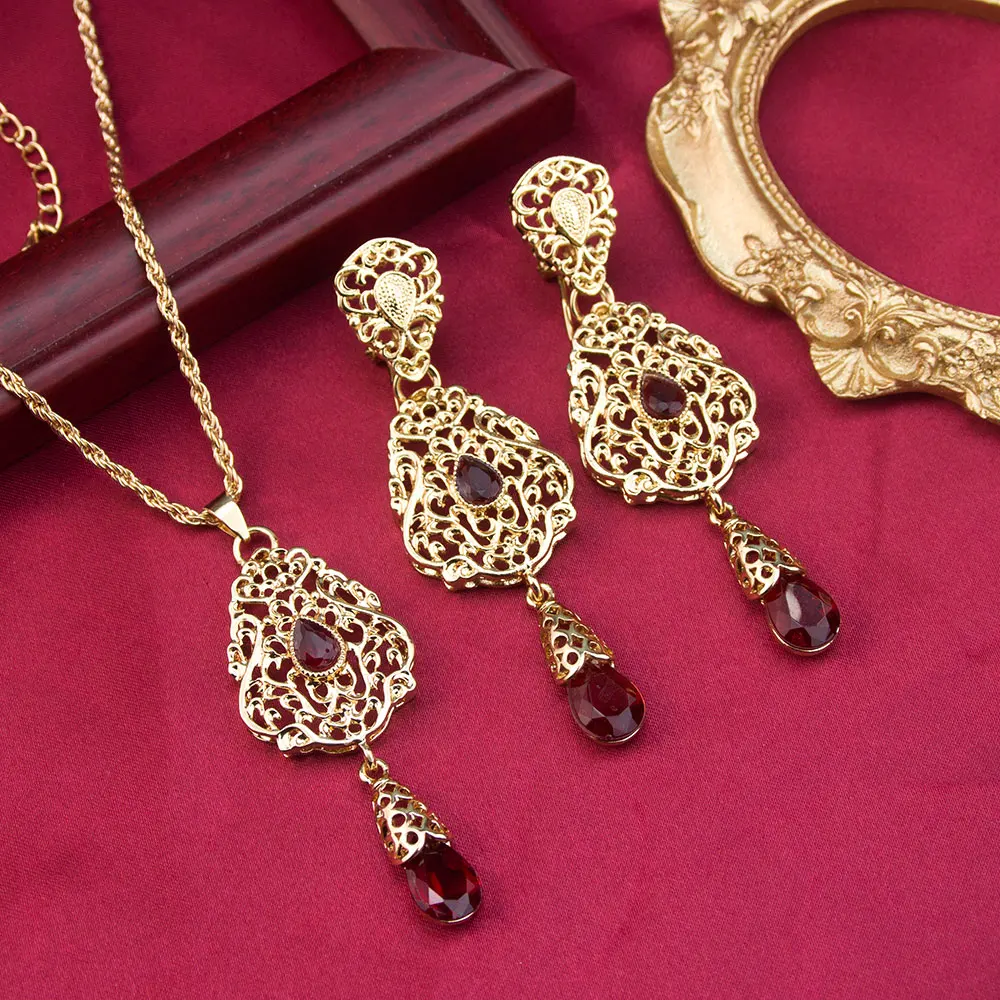 Sunspicems Fashion Arabic Women Jewelry Sets Moroccan Long Drop Earring Arabesque Pendant Necklace African Lady Party Bijoux