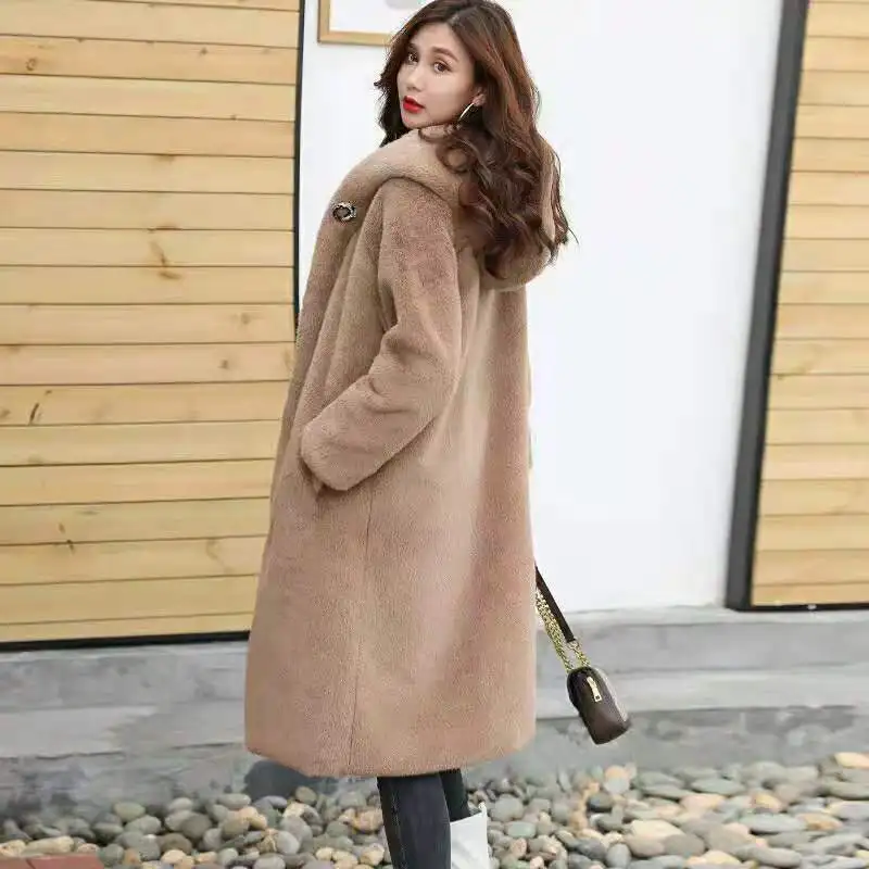 Spring Style Imitation Rex Rabbit Fur Mink Velvet Fur Coat Autumn and Winter Women's Mid-length Thickened Warm Hooded Coat