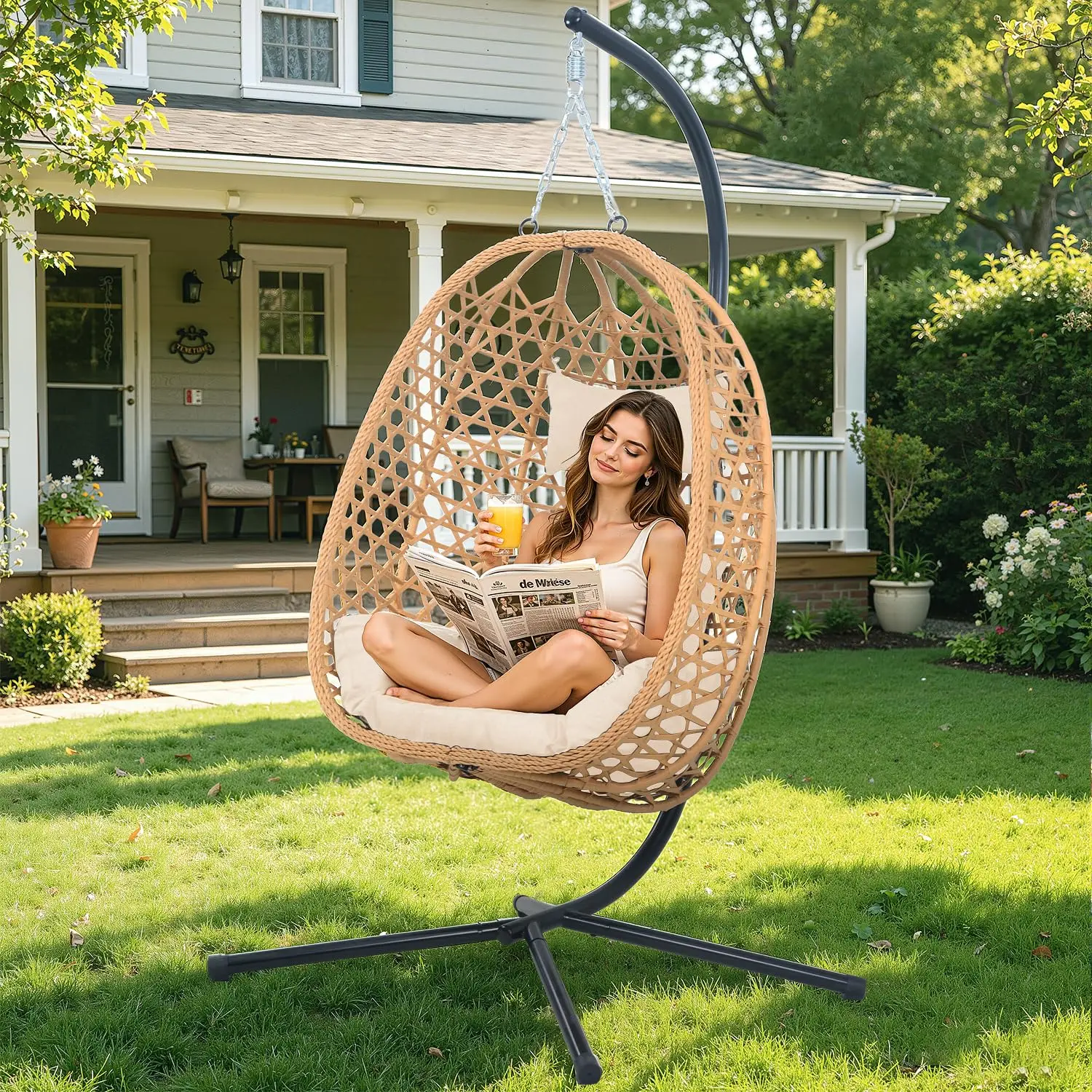 Hanging Egg Chair with Stand,All-Weather Rattan,330LBS Cap,Burlywood | Swing Chair with stand & thick cushions,330lb, Custom