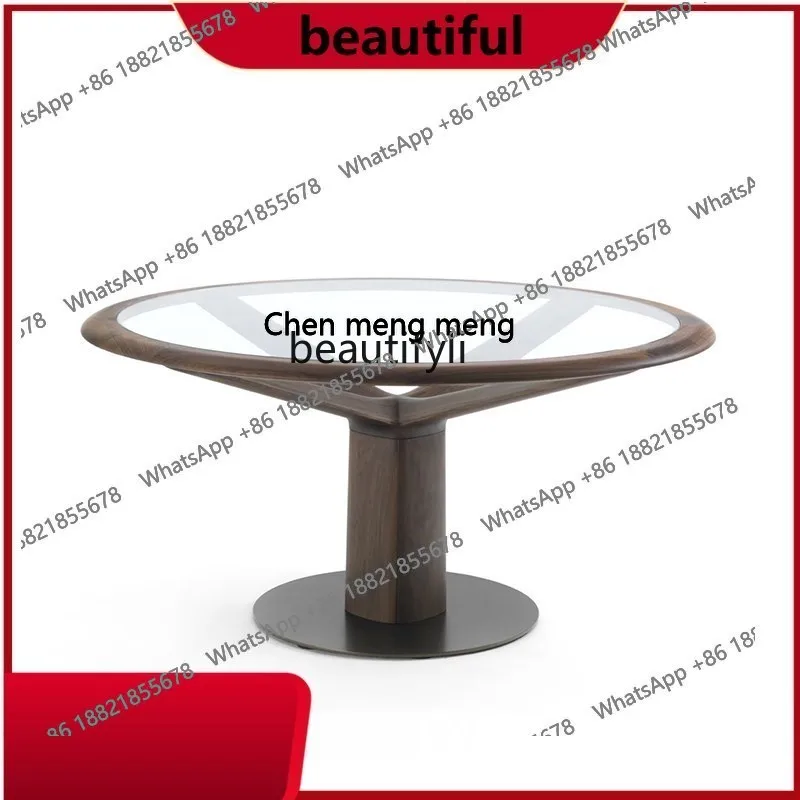 

Italian designer creative black walnut round table, modern light luxury, glass tabletop solid wood dining table H