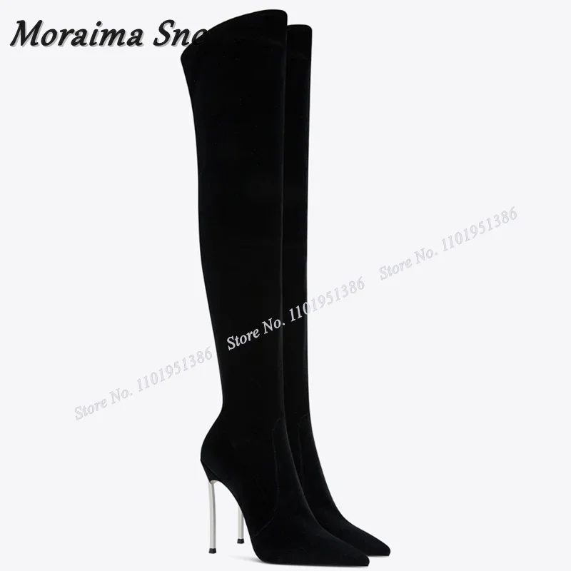 모라이마 Snc 버건디 사이드 지퍼 플록 부츠 솔리드 오버 니 부츠 포인티드 토 슈즈 여성용 하이힐 자파티야스 무헤르