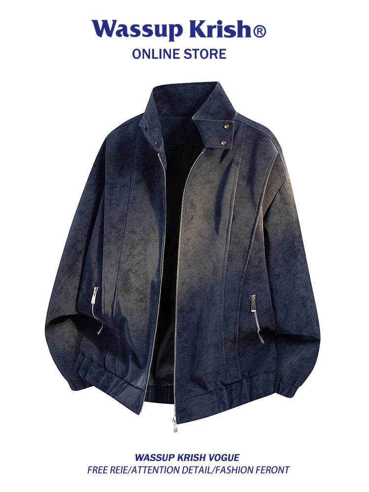 

Wassup Kri Men's Vintage Leather Jaet Tie Dye Distred Stand Collar Autumn Faion Brand New Sle Long Sve Zipper