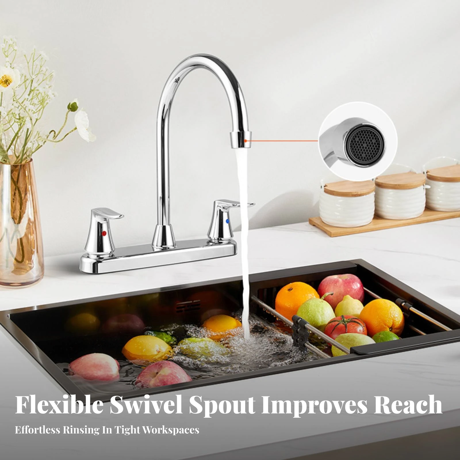 Deck-Mounted Sink Faucet with Swivel Spout Modern Bathroom Faucet with Deck Plate Tap Contemporary Anti-Rust for RV