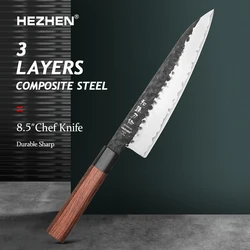 HEZHEN 8.5 Inch Chef Knife 3 Layers Clad Steel 10Cr15CoMov Composite Stainless Steel Kitchen tools Cooking Knives