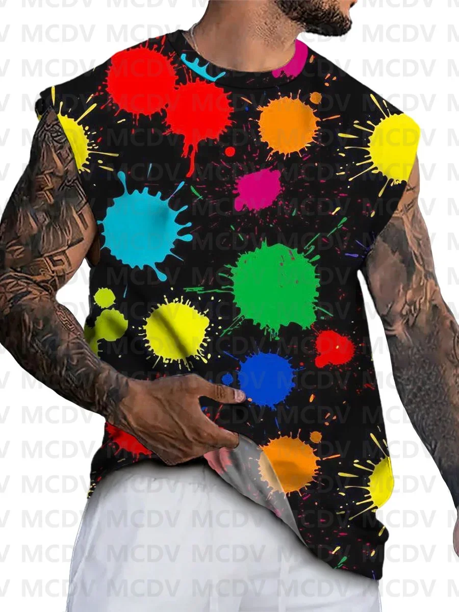 

Color Splash Ink Print Round Neck Broad Shoulder Tank Top 3D Printed Tank Tops Men Summer Tops