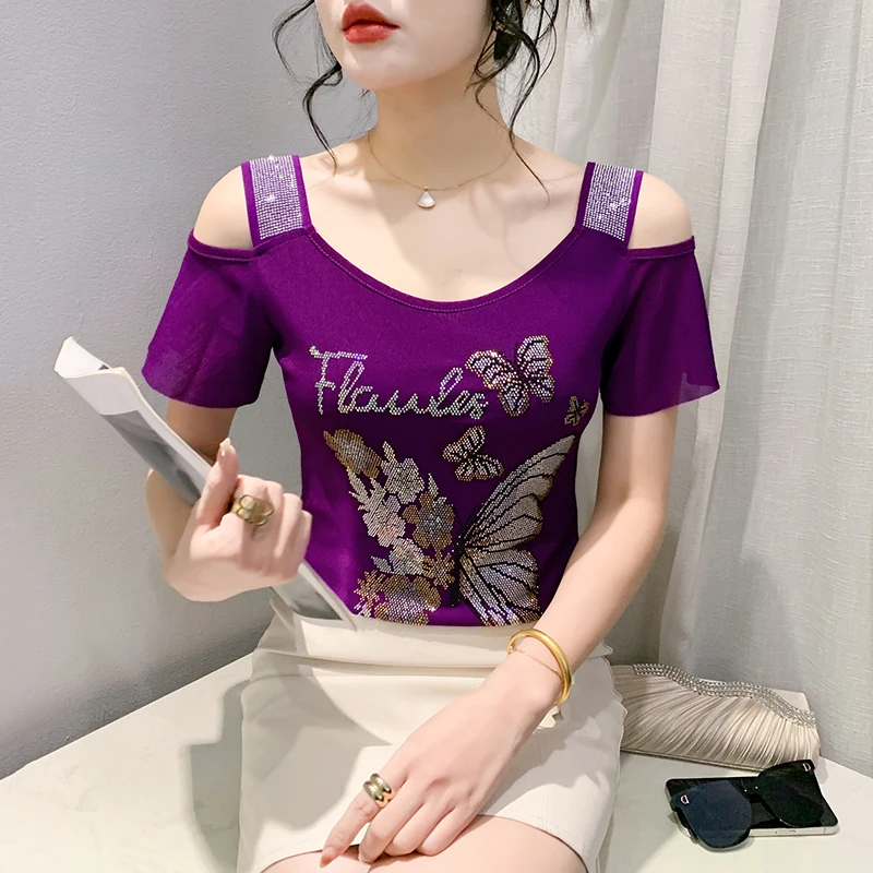 

2024 New Summer European Clothes Mesh T-Shirt Fashion Sexy Back Off Shoulder Shiny Diamonds Women Tops Short Sleeve Tees 42005