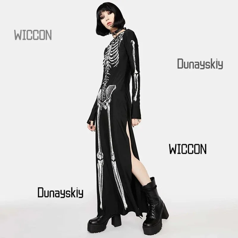 Gothic Y2K Maxi Dress - Halloween/Christmas/Easter/Oktoberfest Versatile Skull Print Dress