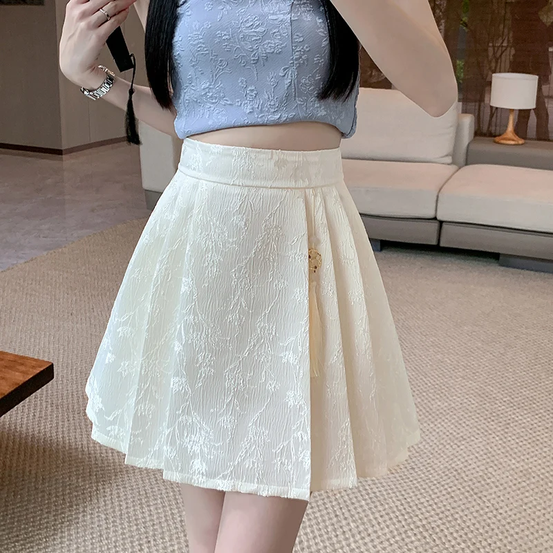 New Chinese style pleated skirt, spring and summer high waisted slimming and anti glare A-line skirt, short skirt, half skirt