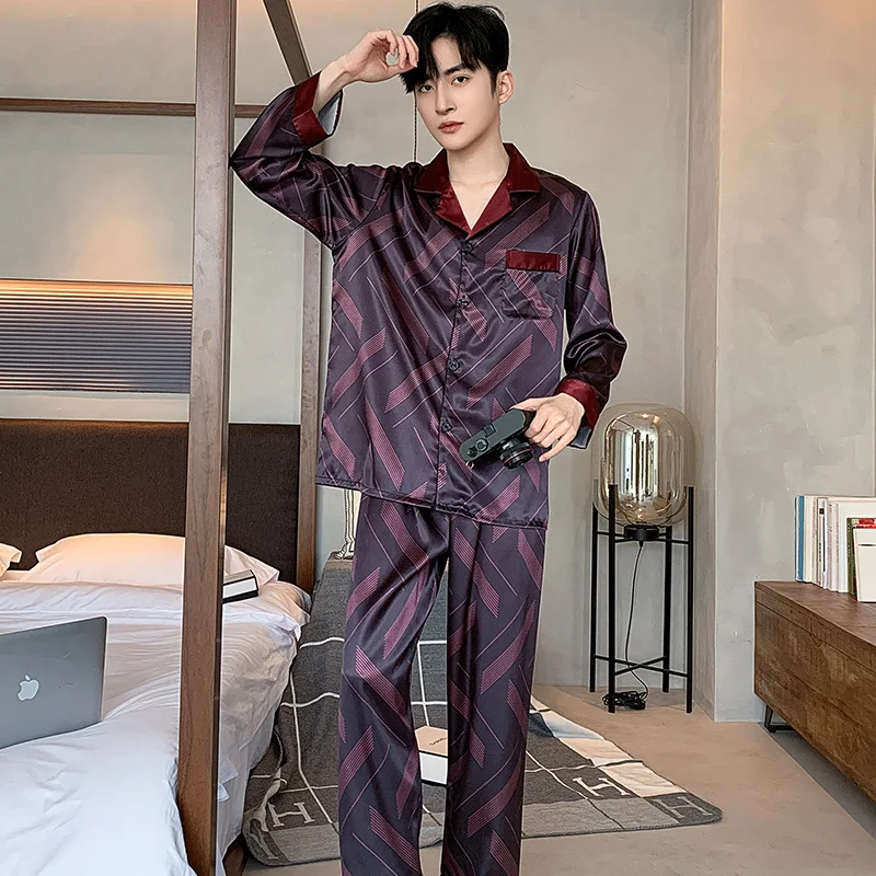 High Quality Men\'s Pajamas Suit Spring Autumn Ice Silk Long sleeved Cardigan Outdoor Satin Sleepwear Male Homeclothes Summer Boy