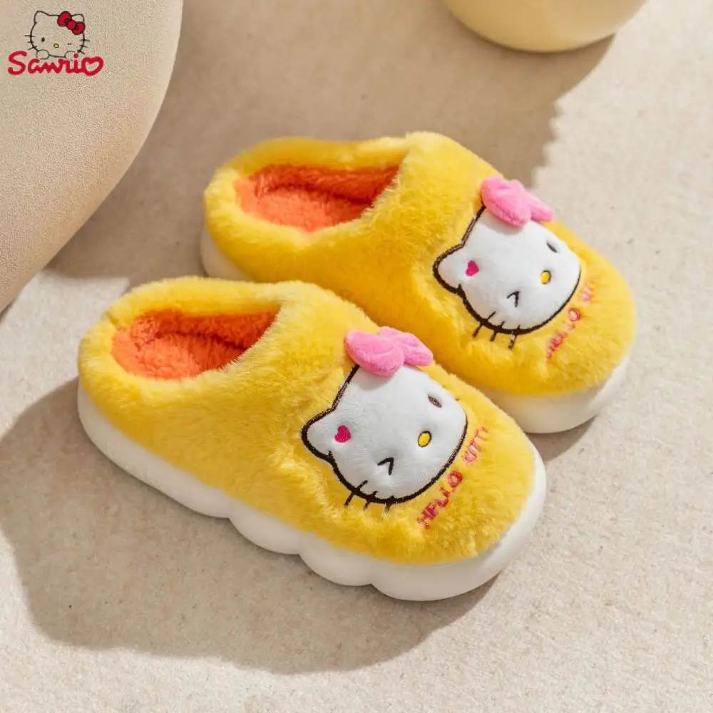 Cartoon Sanrio Hello Kitty Kawaii puszyste 3D urocze kapcie damskie zamsz bawełna kapcie płaskie grube dno zimowe miękkie kapcie domowe