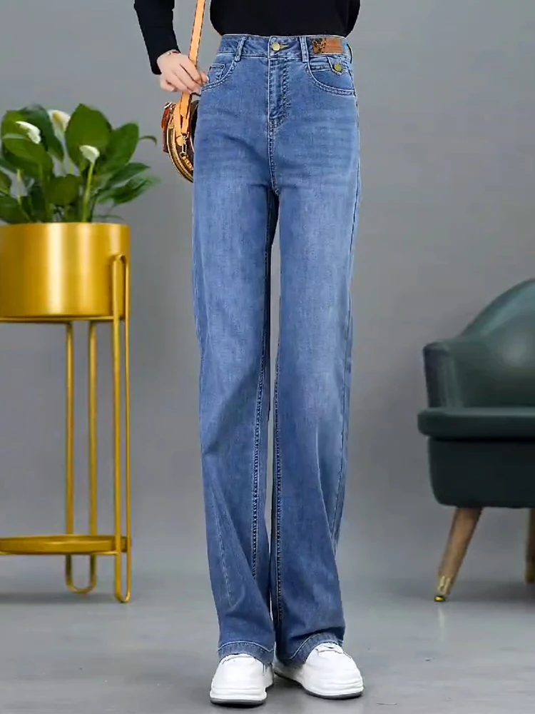 

Джинсы с высокой талией и широкими штанинами для женщин: тонкие, свободные, струящиеся, прямого кроя, осенне-весенние, из денима