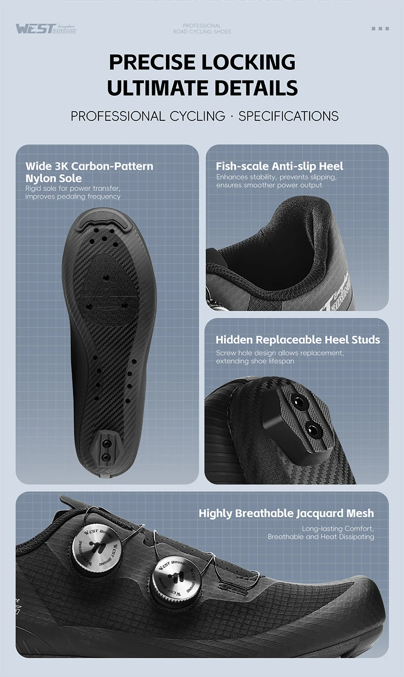 WEST BIKING Herren-Rennradschuhe mit Carbonfaser-Sohle, Dual-Dial-Renn-Sneaker, leichte, atmungsaktive Fahrradschuhe für SPD SL – Detail 17