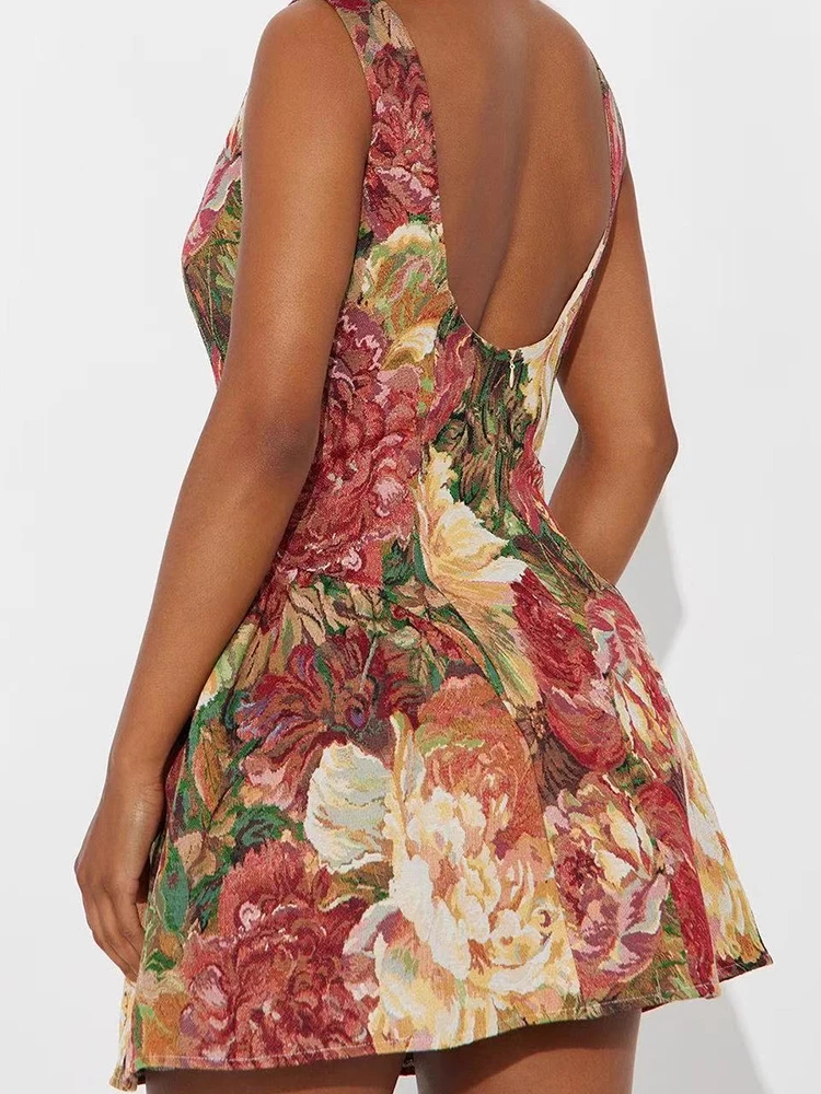 

Мини-платье без рукавов с цветочным принтом, 2026, повседневное облегающее пляжное платье с высокой талией, женские модные садовые вечерние платья с круглым вырезом