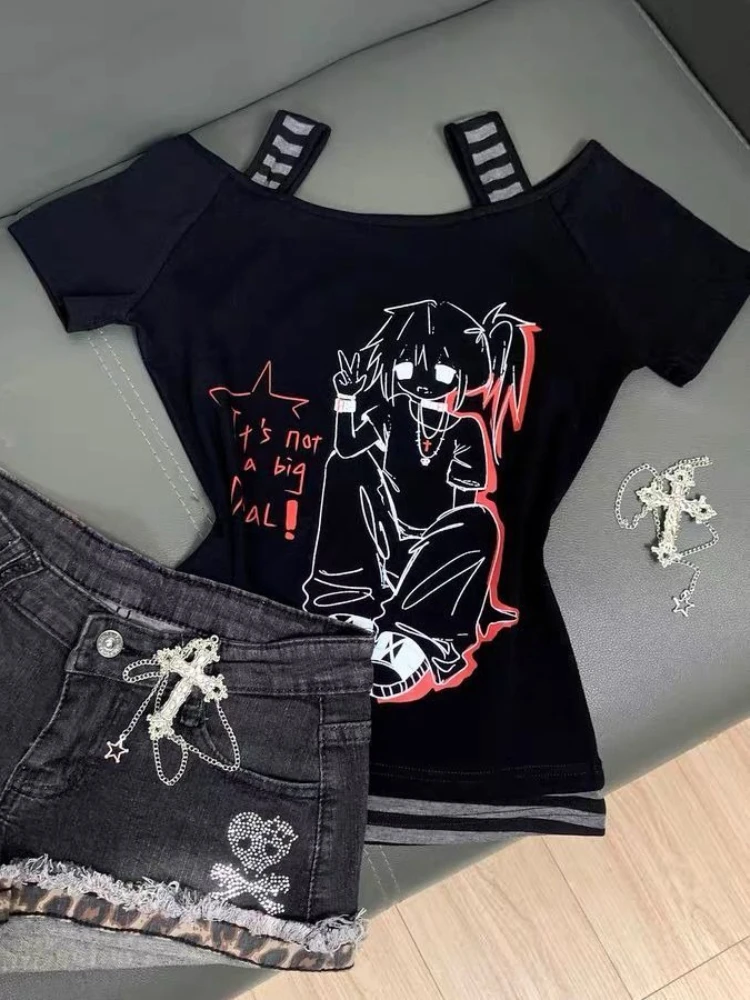 هوتشو Y2k الأسود Juminocore تي شيرت المرأة Kawaii مخطط قصيرة الأكمام قبالة الكتف تيز اليابانية موضة سليم الحلو جيارو