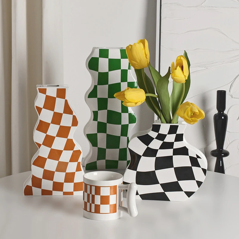 

Creative Home Decor Ceramic Vases Flower Arts Ceramics Checkered Vases Living Room Salon Decoration Flower Pots Tall Vase