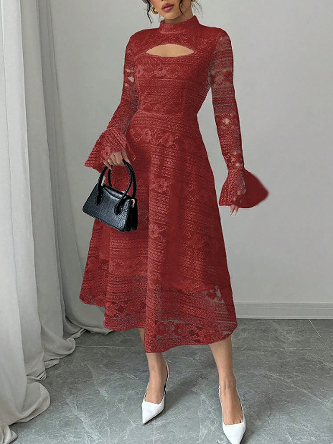 Damen-Sommerkleid, lässig, einfarbig, Hakenblume, hohl, Ausschnitt, Rüschenärmel, Stehkragen unterhalb des Knies, A-Linie, Alltagskleid