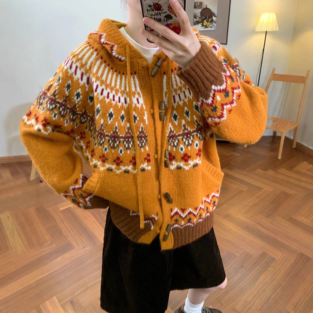 

Yaminiya Vintage Jacquard Bull Horn Buckle Sweater Coat Loose Autumn/Winter Thick Hooded Knitted Cardigan Oversize Sweater Women